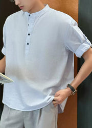 Loose Light Blue Stand Collar Button Cotton Mens Shirts Summe