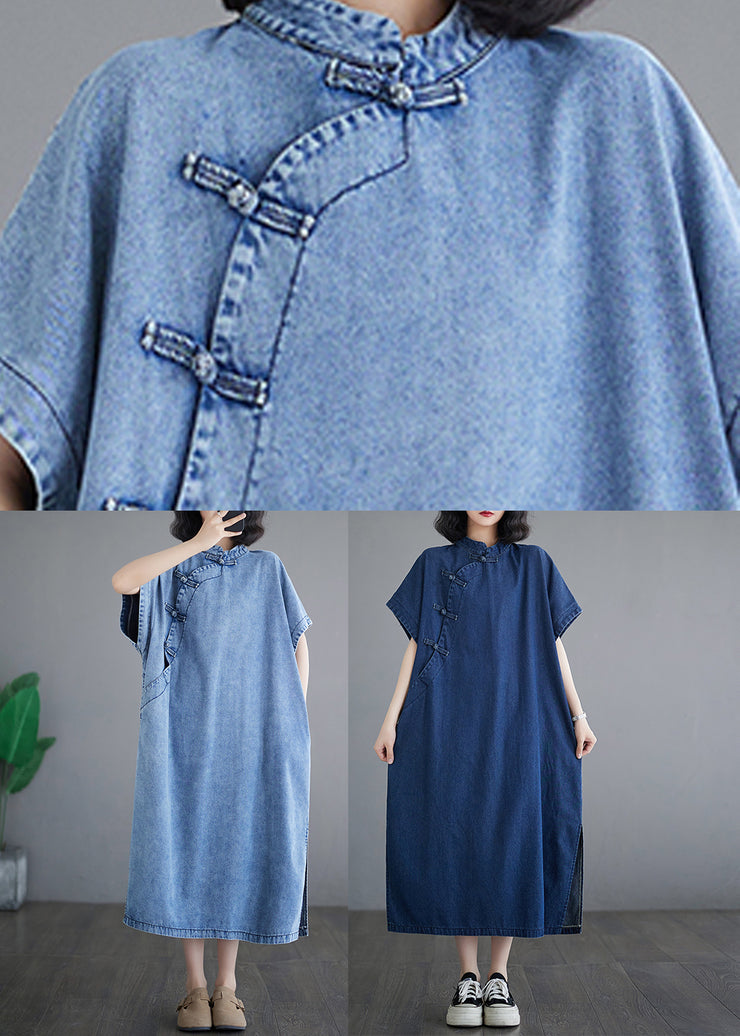 Loose Light Blue Stand Collar Denim Maxi Dresses Short Sleeve