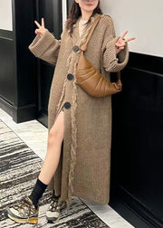 Loose Light Brown V Neck Button Tasseled Knit Long Coat Winter