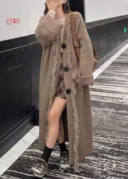 Loose Light Brown V Neck Button Tasseled Knit Long Coat Winter