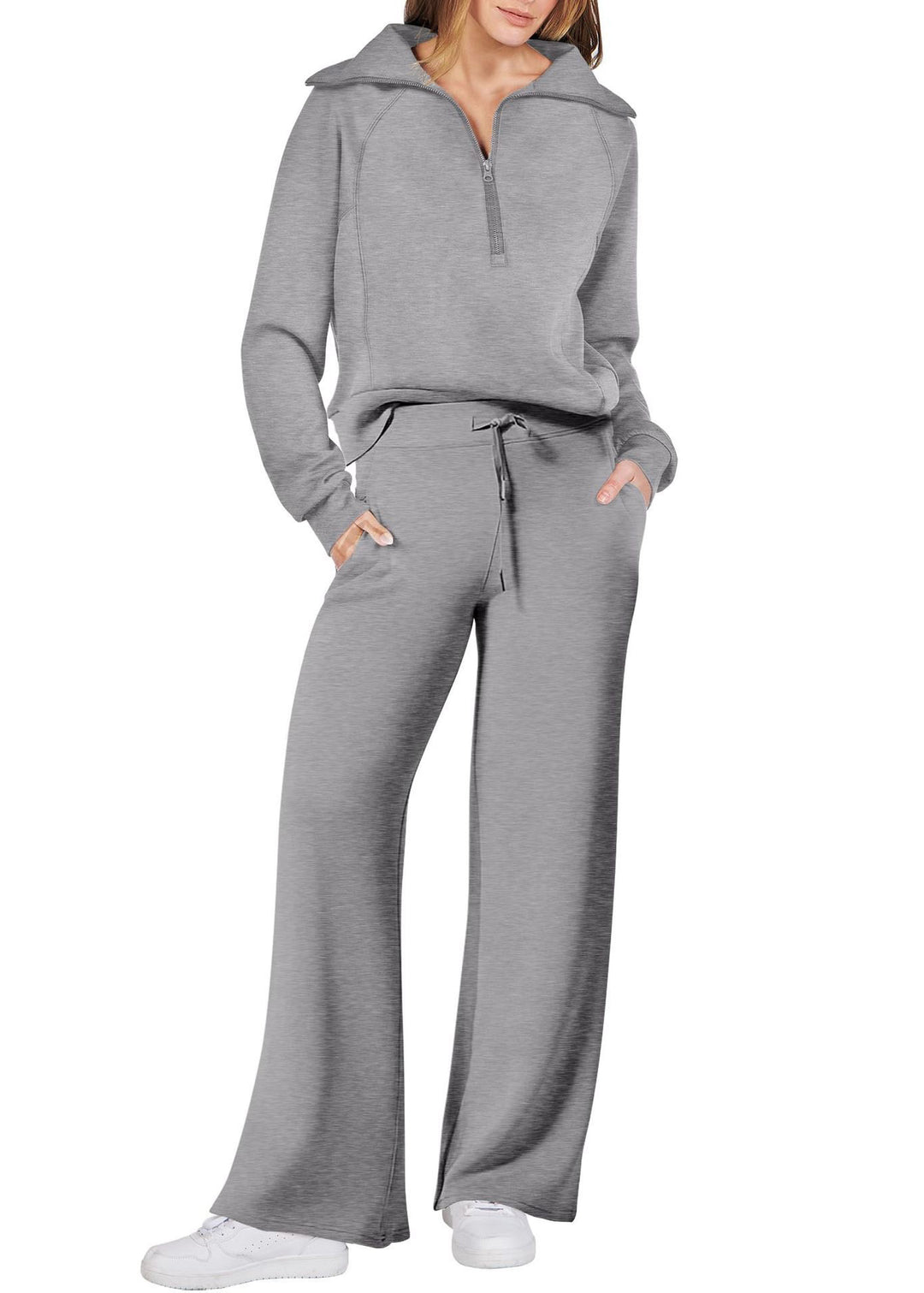 Loose Light Green Zip Up Solid Tops And Wide Leg Pants Cotton Two Pieces Set Spring