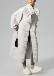 Loose Light Grey Button Scarf And Long Parka Cotton Filled Two Pieces Set Winter