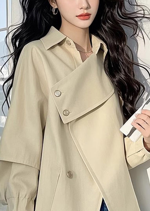 Loose Light Khaki Asymmetrical Button Cotton Trench Coat Fall