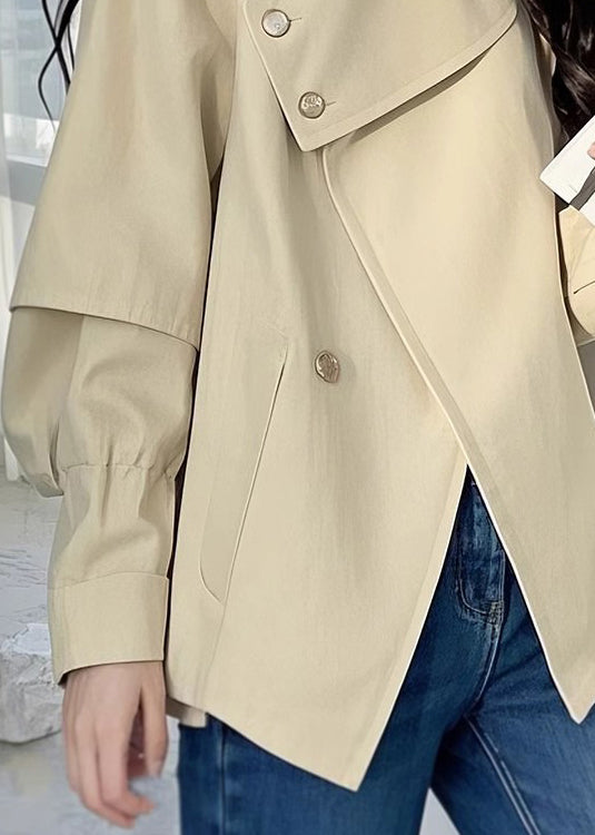Loose Light Khaki Asymmetrical Button Cotton Trench Coat Fall