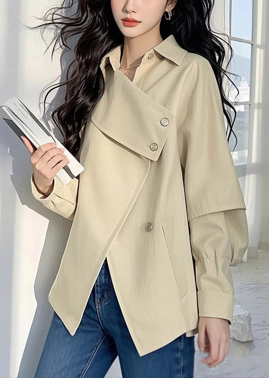 Loose Light Khaki Asymmetrical Button Cotton Trench Coat Fall
