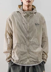 Loose Light Khaki Hooded Print Drawstring Ice Silk Mens Coats Summer