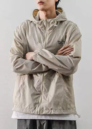 Loose Light Khaki Hooded Print Drawstring Ice Silk Mens Coats Summer