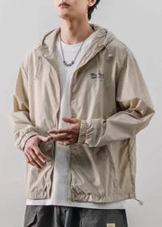 Loose Light Khaki Hooded Print Drawstring Ice Silk Mens Coats Summer