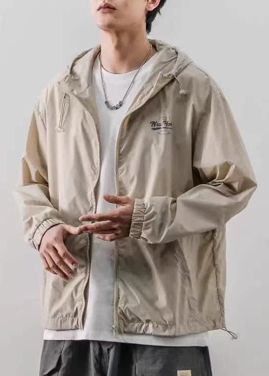 Loose Light Khaki Hooded Print Drawstring Ice Silk Mens Coats Summer