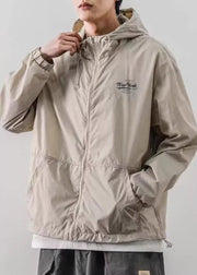 Loose Light Khaki Hooded Print Drawstring Ice Silk Mens Coats Summer