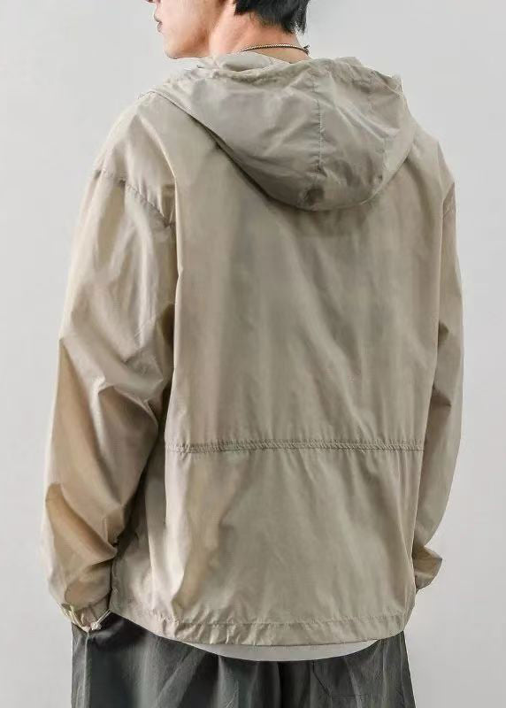 Loose Light Khaki Hooded Print Drawstring Ice Silk Mens Coats Summer