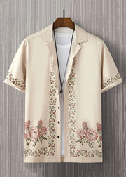Loose Light Khaki Peter Pan Collar Print Cotton Shirt Men Summer