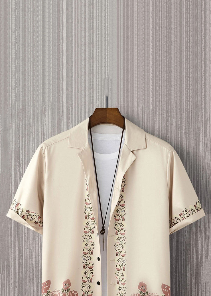Loose Light Khaki Peter Pan Collar Print Cotton Shirt Men Summer