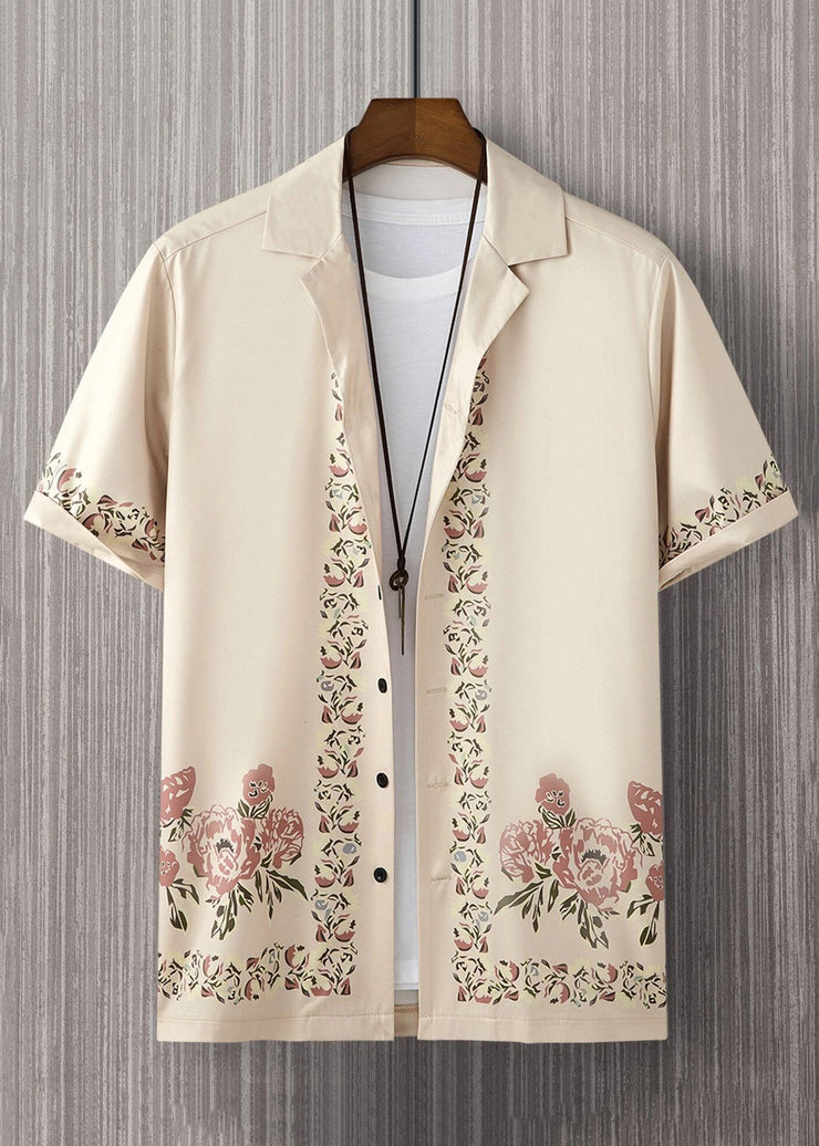 Loose Light Khaki Peter Pan Collar Print Cotton Shirt Men Summer