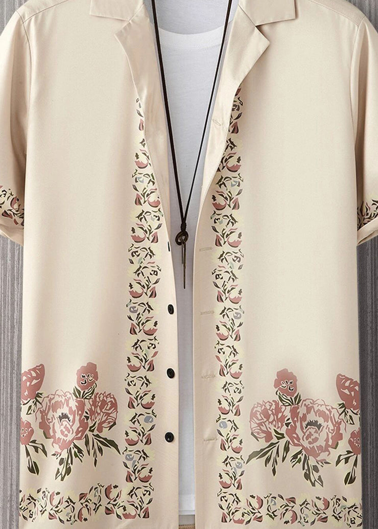 Loose Light Khaki Peter Pan Collar Print Cotton Shirt Men Summer