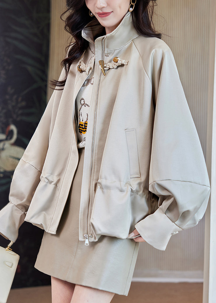 Loose Light Khaki Stand Collar Zippered Drawstring Cotton Coats Fall