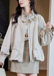 Loose Light Khaki Stand Collar Zippered Drawstring Cotton Coats Fall