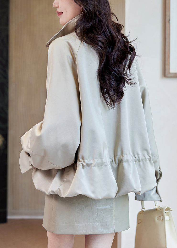 Loose Light Khaki Stand Collar Zippered Drawstring Cotton Coats Fall