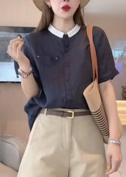 Loose Navy Button Pockets Cotton Shirts Summer