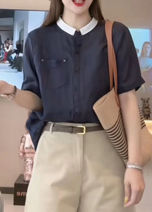 Loose Navy Button Pockets Cotton Shirts Summer