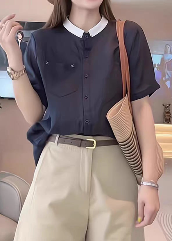 Loose Navy Button Pockets Cotton Shirts Summer