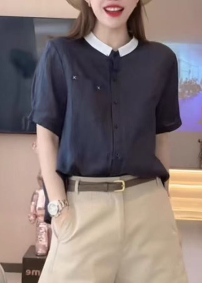 Loose Navy Button Pockets Cotton Shirts Summer