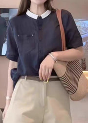 Loose Navy Button Pockets Cotton Shirts Summer