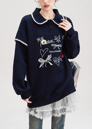 Loose Navy Button Print Cotton Pullover Streetwear Fall