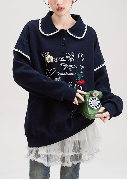Loose Navy Button Print Cotton Pullover Streetwear Fall