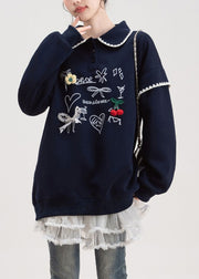 Loose Navy Button Print Cotton Pullover Streetwear Fall