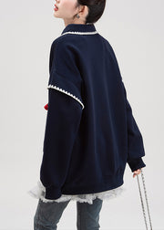 Loose Navy Button Print Cotton Pullover Streetwear Fall