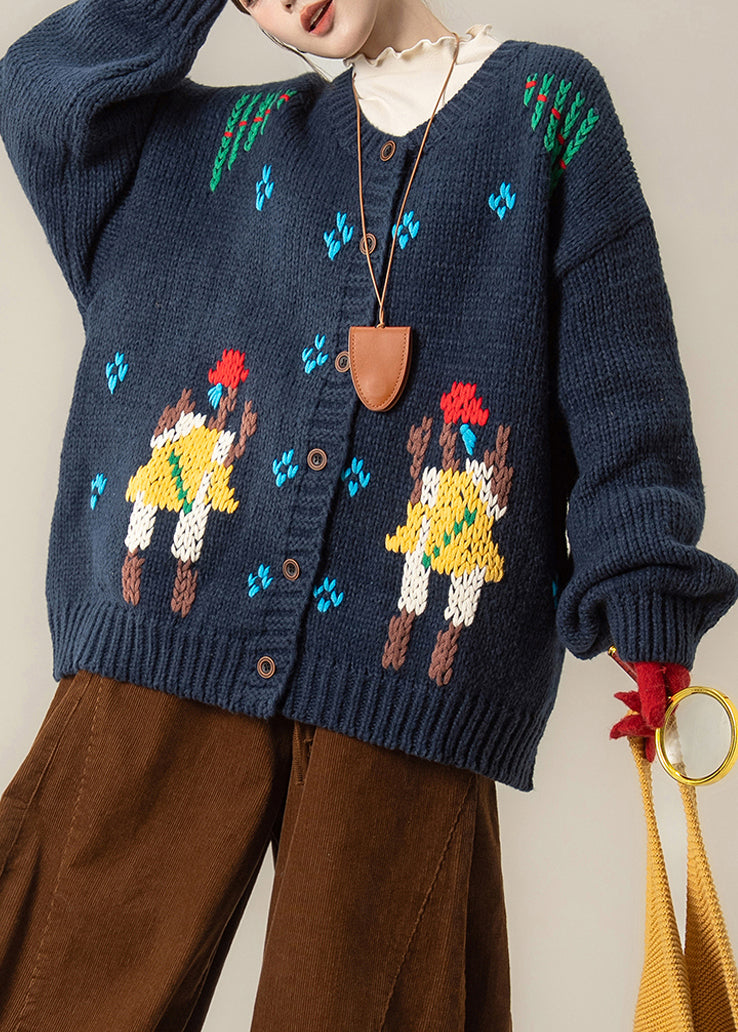 Loose Navy Embroidered Button Knit Coats Fall