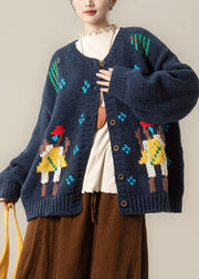 Loose Navy Embroidered Button Knit Coats Fall