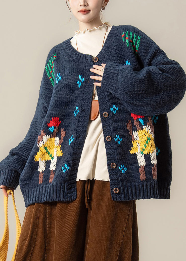 Loose Navy Embroidered Button Knit Coats Fall