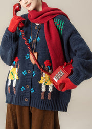 Loose Navy Embroidered Button Knit Coats Fall