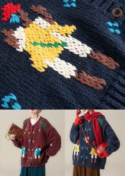 Loose Navy Embroidered Button Knit Coats Fall