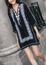 Loose Navy Embroidered Lace Up Cotton Mid Dress Bracelet Sleeve
