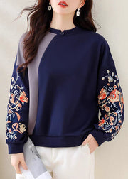 Loose Navy Embroidered Patchwork Cotton Sweatshirts Summer
