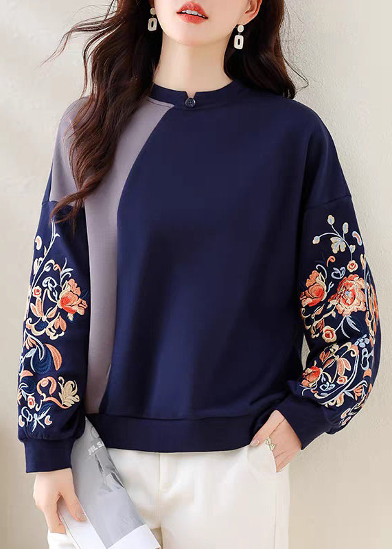 Loose Navy Embroidered Patchwork Cotton Sweatshirts Summer