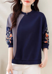 Loose Navy Embroidered Patchwork Cotton Sweatshirts Summer
