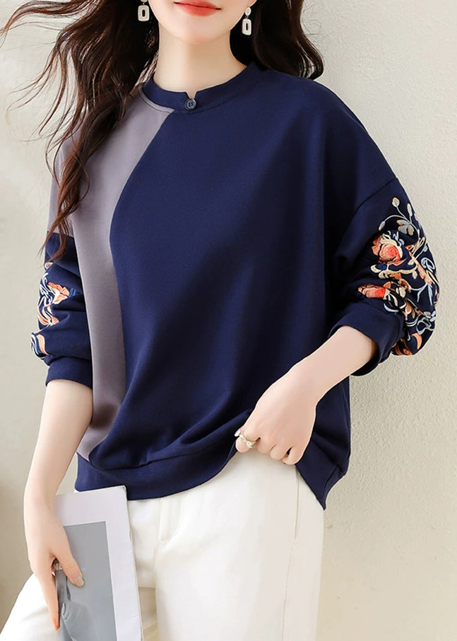 Loose Navy Embroidered Patchwork Cotton Sweatshirts Summer