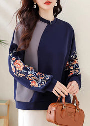 Loose Navy Embroidered Patchwork Cotton Sweatshirts Summer