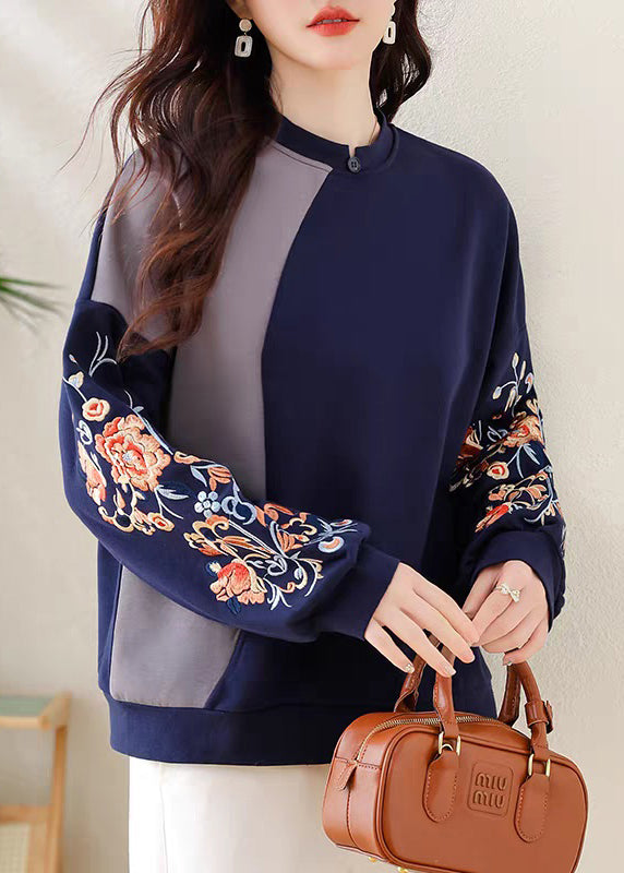 Loose Navy Embroidered Patchwork Cotton Sweatshirts Summer
