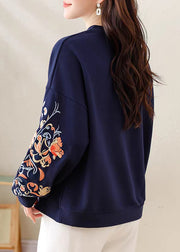Loose Navy Embroidered Patchwork Cotton Sweatshirts Summer