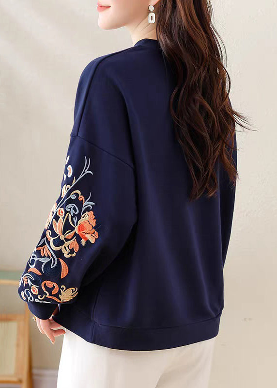 Loose Navy Embroidered Patchwork Cotton Sweatshirts Summer