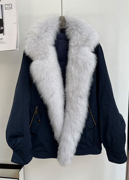 Loose Navy Fox Collar Patchwork Duck Down Parkas Winter