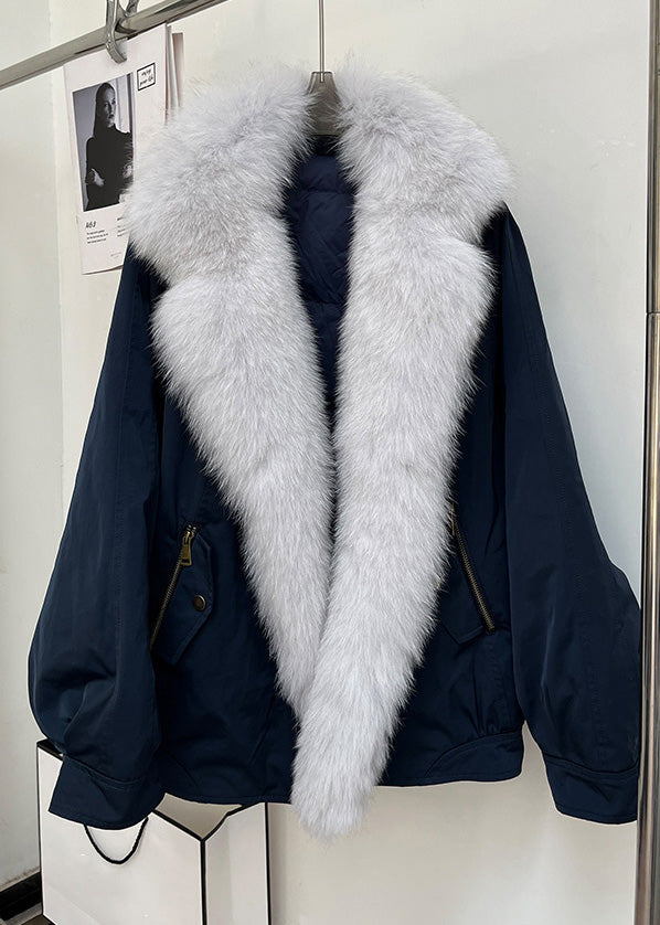 Loose Navy Fox Collar Patchwork Duck Down Parkas Winter