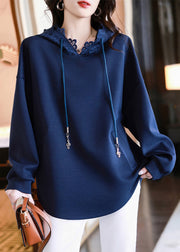 Loose Navy Hooded Pockets Lace Cotton Sweatshirt Fall