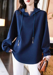 Loose Navy Hooded Pockets Lace Cotton Sweatshirt Fall