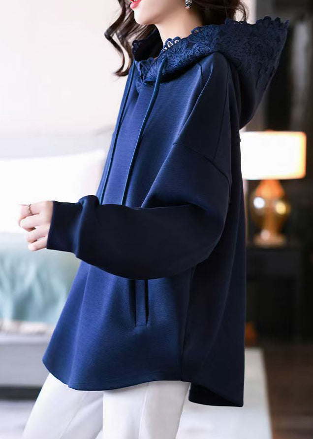 Loose Navy Hooded Pockets Lace Cotton Sweatshirt Fall
